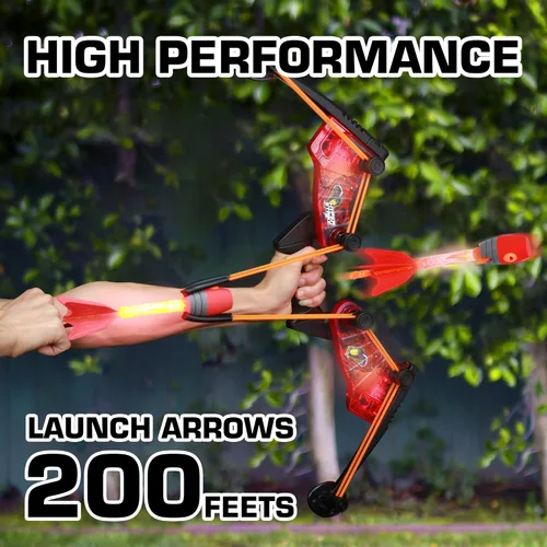 Miniatura 5 de Paquete de arquero Zing HyperStrike FireTek, arco con luz y flechas Zonic con silbato luminoso, dispara flechas a más de 200 pies, juego al aire Rojo