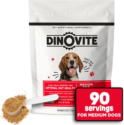 Dinovite Probióticos para perros, polvo probiótico para alimentos para perros medianos (18-45 libras), salud digestiva diaria y apoyo de la piel con