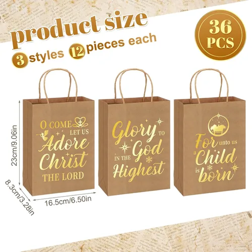 Miniatura 2 de Yeaqee 36 bolsas de papel kraft de Navidad, bolsas de regalo metálicas doradas religiosas con asas para envolver, 6 1/2 x 3 1/4 x 9 pulgadas