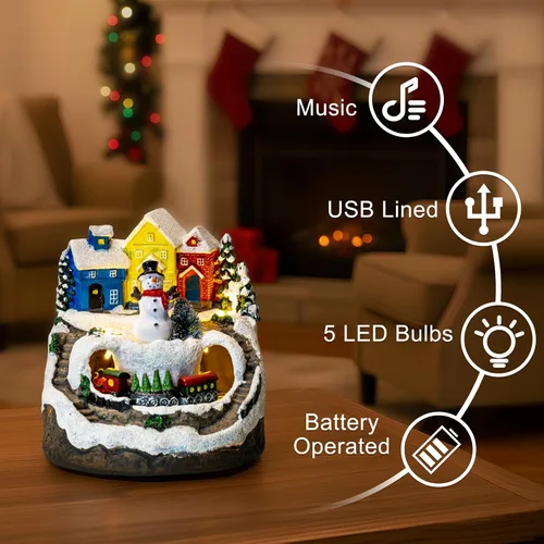 Miniatura 2 de ZQQLITE Casas de Pueblo Navideño de Muñeco de Nieve Musical Animado con Tren Giratorio, Figuras de Colección de Pueblo Navideño Iluminadas