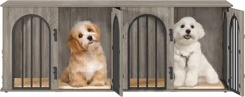 Miniatura 8 de Hzuaneri Mueble jaula para perros de 63" para 2 perros, soporte de TV para perrera de interior resistente, jaula de madera L con divisor para perros