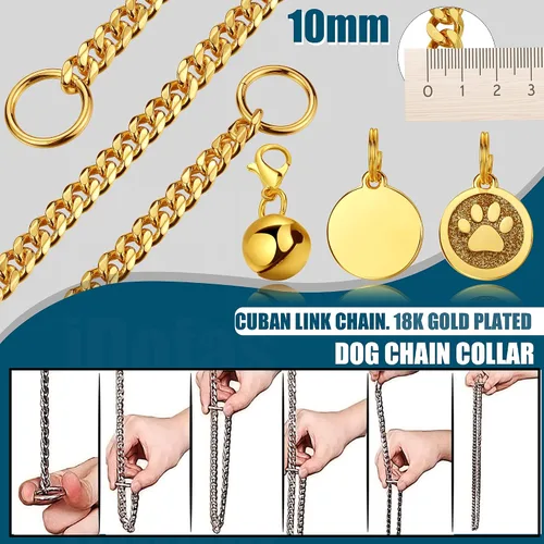 Miniatura 3 de Collar dorado para perro de 0.394 pulgadas, collar de cadena de acero inoxidable resistente para perros (10 pulgadas)