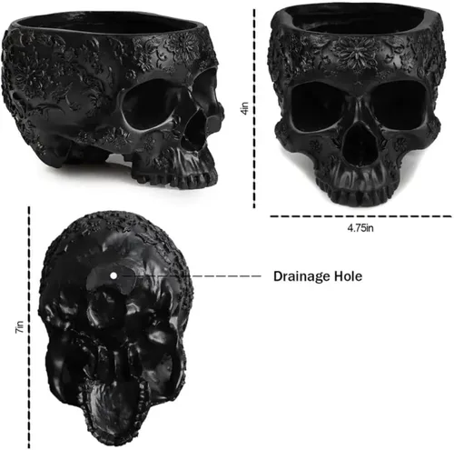 Miniatura 9 de Maceta de calavera negra de 6 pulgadas, maceta con cabeza de esqueleto para suculentas, flores y plato de tazón, decoración gótica para jardín