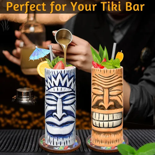 Miniatura 3 de Tiki - Juego de 2 tazas de cerámica hawaianas con pajitas de 15 onzas, hechas a mano, diseño único para fiestas