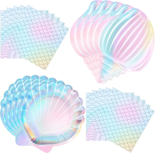 Miniatura 10 de Gersoniel Juego de 40 piezas de suministros para fiesta de sirena iridiscente, 20 platos y 20 servilletas con escamas, decoraciones para fiesta