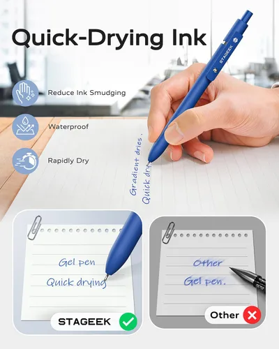 Miniatura 4 de STAGEEK Bolígrafos de gel azul, paquete de 6 bolígrafos de tinta azul de secado rápido con 3 recargas extra, bolígrafos retráctiles de punta fina