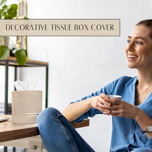 Miniatura 4 de Elegante funda para caja de pañuelos: este soporte de lino beige cubre instantáneamente tus cajas de pañuelos cuadradas, la cubierta de cubo