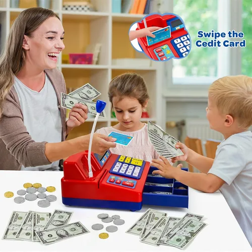 Miniatura 6 de Juguete de Caja Registradora con Calculadora para Niños de 3, 4, 5, 6, 7, 8+ Años, Set de 120 Piezas de Tienda de Comestibles con Micrófono, Cajas
