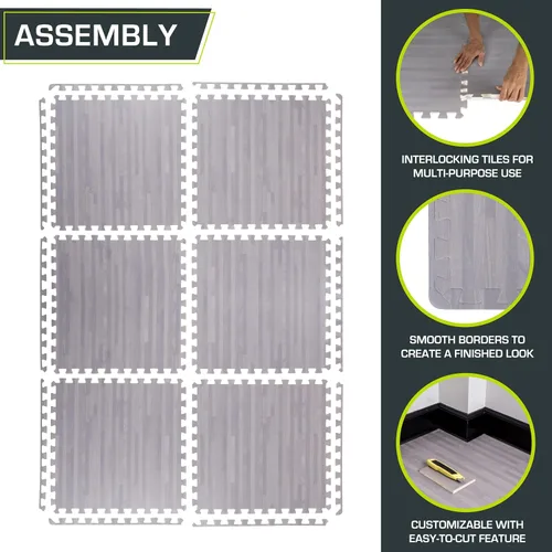 Miniatura 6 de ProsourceFit Tapete de rompecabezas de grano de madera de 1/2 pulgada, 6 baldosas de espuma EVA entrelazadas (24 pies cuadrados) para suelo de Gris