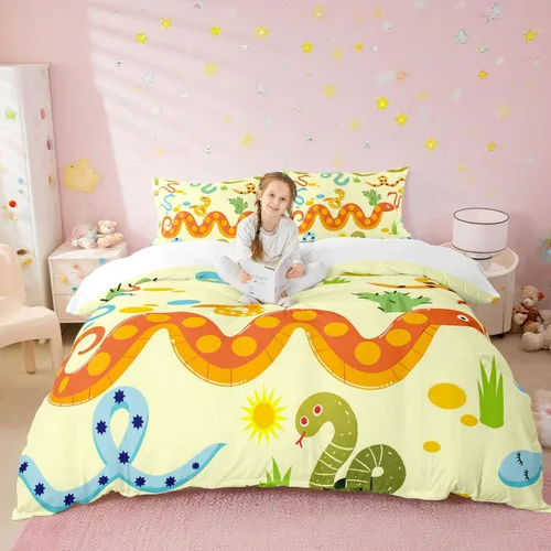 Miniatura 18 de Juego de funda de edredón para niños con diseño de gato lindo, tamaño individual, juego de ropa de cama con hojas de flores, luna, noche y cielo