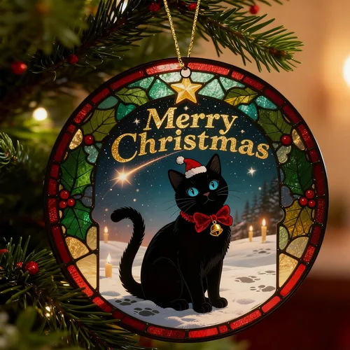 Miniatura 3 de Adornos de Navidad Graciosos de Gato Negro 2025, Adornos Colgantes de Acrílico 2D para Decoraciones de Árbol de Navidad, Adornos de Navidad