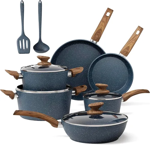 MAISON ARTS Juego de ollas y sartenes antiadherentes, juegos de utensilios de cocina antiadherentes, juego de 12 piezas de ollas y sartenes de Azul