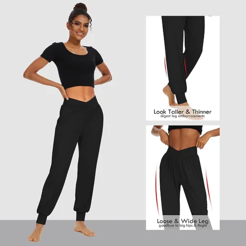 Miniatura 3 de SICVEK Pantalones deportivos de cintura alta para mujer, pantalones holgados cruzados, suaves, cómodos, pantalones de yoga con bolsillos