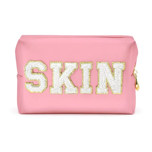 Y1tvei Preppy Patch SKIN Letra Blanca Rosa Bolsa de Aseo para Cosméticos de Piel Sintética Bolsa de Maquillaje Portátil Bolsa de Almacenamiento de