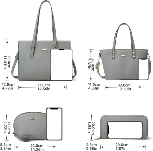 Miniatura 93 de Juego de 4 bolsas modernos para mujer de cuero sintético: bolso tote, bolso de hombro, bolso de mano y cartera.