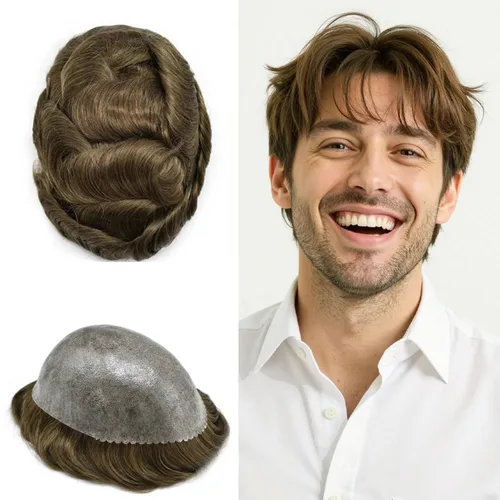 Toupee para hombres Sistema de cabello humano real Cabello humano completo Poly Skin Hairpiece para hombres Sistemas de reemplazo invisible línea