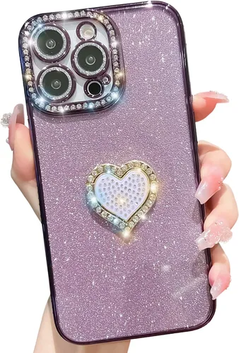 Miniatura 10 de Bonita funda compatible con iPhone 13 Pro de 6.1 pulgadas, diamantes brillantes + fundas de tarjetas con purpurina con soporte de corazón de amor