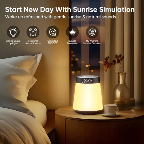Miniatura 2 de Reloj Despertador Sunrise con Luz de Despertar y Máquina de Ruido Blanco - 21 Sonidos Relajantes, 12 Luces Nocturnas Regulables de Colores, Altavoz