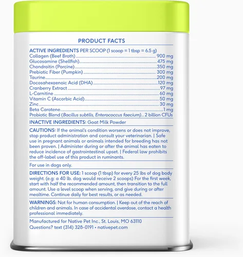 Miniatura 11 de Native Pet Vitaminas y Suplementos para Perros - Polvo de Vitaminas 11-en-1 para Complemento de Comida de Perro - Colágeno, Glucosamina