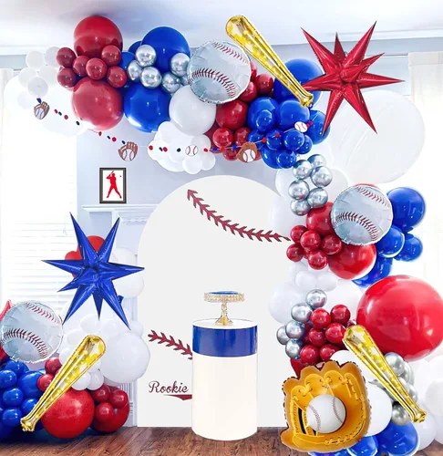 Kit de arco de guirnalda de globos de béisbol de 150 piezas, globos de papel de aluminio rojos, azules, blancos, plateados y con estrella de bate y