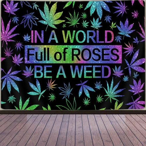 Miniatura 3 de GOAOK Tapiz de hierba trippy, hojas de cannabis psicodélicas frescas y citas divertidas para dormitorio y sala de estar, 60 x 40 pulgadas