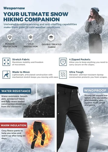 Miniatura 4 de Wespornow Pantalones de senderismo con forro polar para mujer, pantalones de esquí para nieve, resistentes al agua, para exteriores, softshell