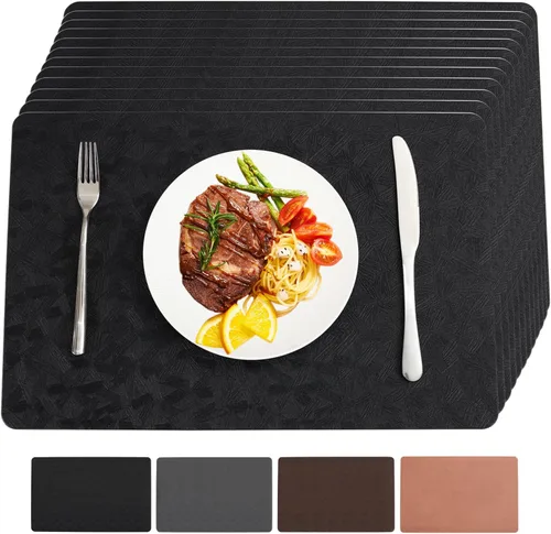 Miniatura 28 de Juego de 6 manteles individuales de vinilo, resistentes al calor, fáciles de limpiar, antideslizantes, para mesa de comedor, piel sintética, Negro