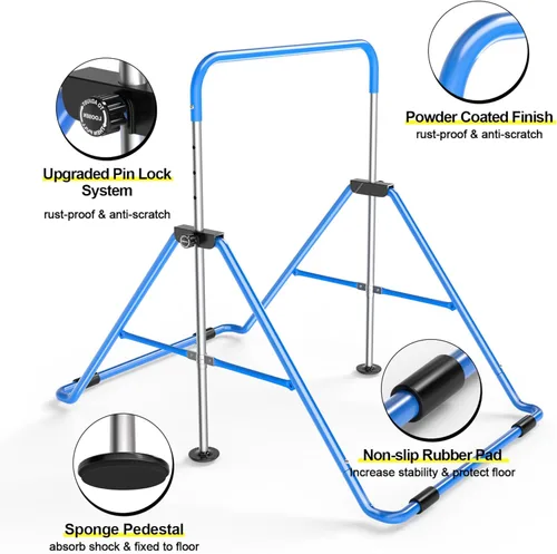 Miniatura 8 de Safly Fun Foldable Gymnastics Bar for Kids, Adjustable 35"-51", Sturdy 145 lbs Capacity, Easy-to-Assemble, Gymnastics Equipment for Kids for Azul