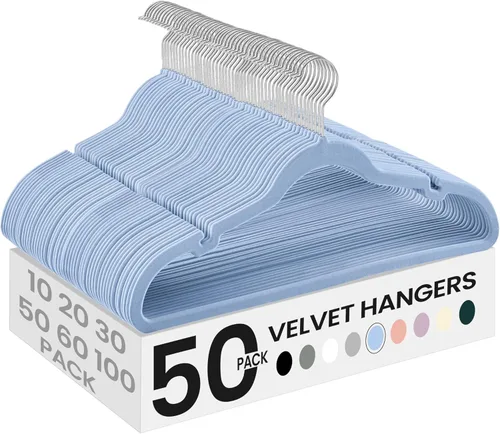 Miniatura 29 de SONGMICS Paquete de 30 perchas de terciopelo antideslizantes con muescas para el hombro, barra para pantalones, gancho giratorio de 360°, ahorro