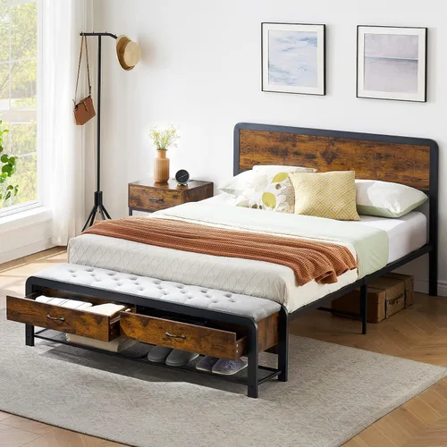 Miniatura 7 de Alkmaar Base de cama de plataforma tamaño Queen con otomana tapizada, 2 cajones de almacenamiento y cabecero, esquinas redondeadas seguras y soporte