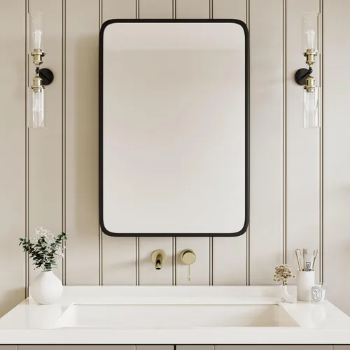 Miniatura 12 de AGDULL Armario negro de madera para baño de estilo vintage con espejo curvado de marco de metal negro de 16.5 x 24 pulgadas, gabinete de medicina