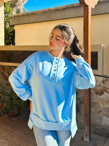 Miniatura 95 de AlvaQ - Sudadera de gran tamaño para mujer, informal, de manga larga, con botones y cuello Henley, tipo túnica