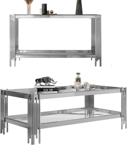 Miniatura 19 de Mesa auxiliar rectangular de vidrio de 48 pulgadas, mesa de centro de 2 niveles con parte superior de vidrio templado negro, patas de acero