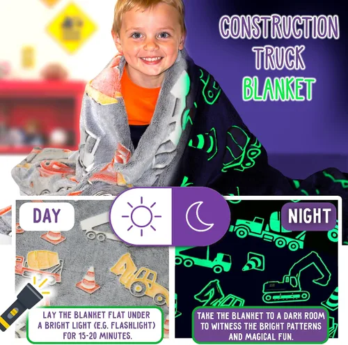 Miniatura 2 de Manta de camión de construcción que brilla en la oscuridad, manta luminosa de tractor para niños, manta de excavadora de camión volquete de felpa