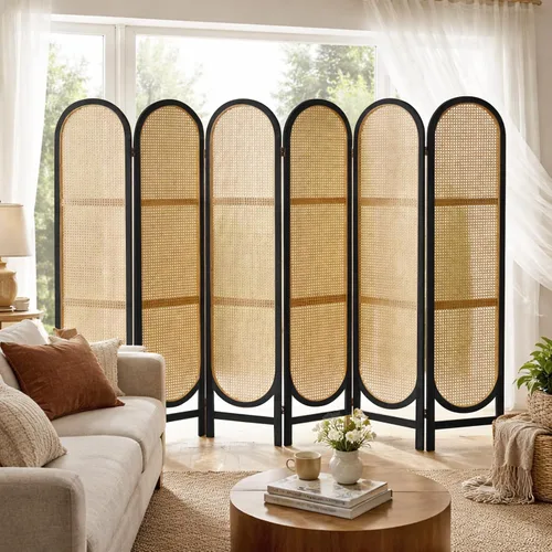 Miniatura 12 de Divisor de habitación de ratán arqueado de 5.6 pies, pantalla de privacidad plegable, 4 paneles independientes con bisagras dobles, divisor
