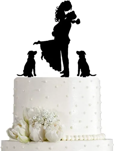 Decoración para tarta de boda - Novia sosteniendo al novio con flores junto a 2 perros de mascota silueta decoración de tarta (Negro)