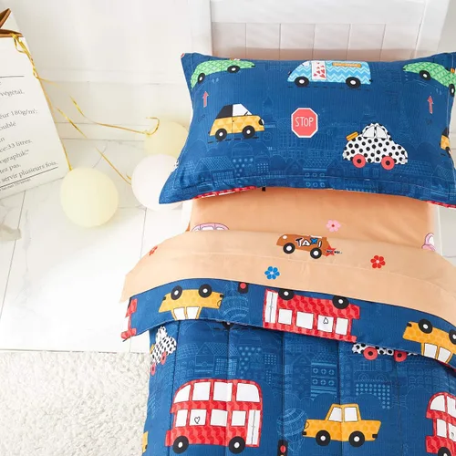 Juego de ropa de cama para niños pequeños, color azul marino con autos coloridos, incluye 1 edredón para niños, sábana encimera, sábana bajera