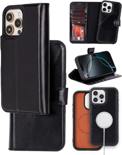 Miniatura 25 de Bayelon Funda tipo cartera para iPhone 15 Pro Max, de cuero de grano completo, cubierta abatible magnética desmontable, tarjetero, funda tipo Marrón
