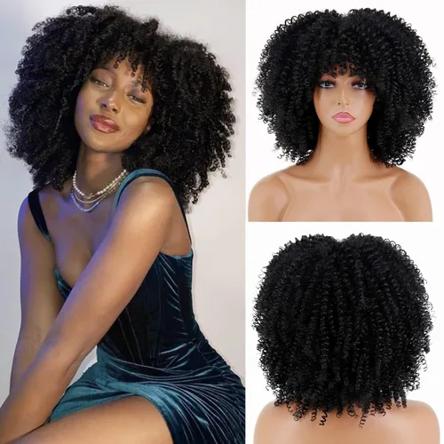 Pelucas rizadas negras para mujeres negras, peluca afro corta negra rizada con flequillo, pelucas sintéticas resistentes al calor, pelucas negras