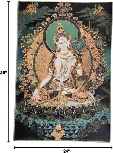 Miniatura 7 de GEEYOU Bordado de seda tibetano Thangka budismo blanco Tara Guanyin Kwan-yin Tangka Mural Tangka colgante de pared para decoración del hogar, tapiz