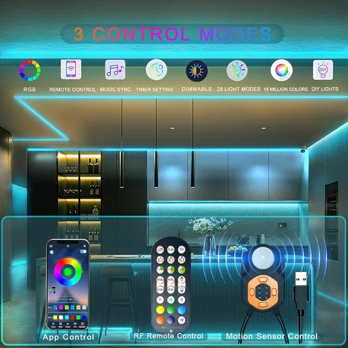 Miniatura 4 de Tira de luz LED con sensor de movimiento debajo de la cama, 9.84 pies, control remoto/aplicación, regulable, sincronización de música, temporizador