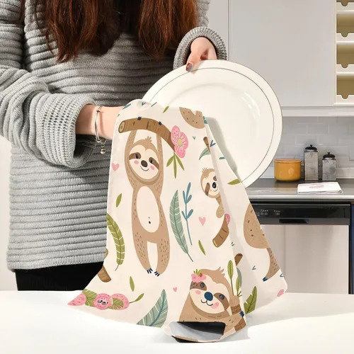Miniatura 6 de Kigai Juego de 4 toallas de cocina, diseño de perezoso lindo altamente absorbente, paños de limpieza reutilizables, paños de cocina, toallas de mano