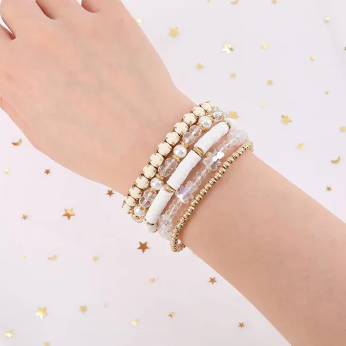 Miniatura 4 de Pulseras de cuentas de arcilla, pulseras de cristal con cuentas de varias capas, bohemio, blanco y rosa, juego de pulseras para mujer