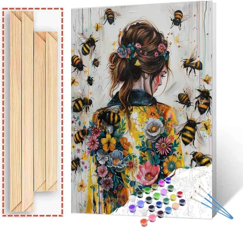 Miniatura 50 de TUMOVO Pintura por números para niñas con flores para adultos, principiantes, mujeres rodeadas de abejas, pintura acrílica por números, pintura