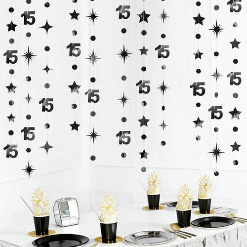 Miniatura 3 de Decoraciones negras de cumpleaños número 15, guirnalda de estrellas centelleantes con el número 15, pancarta metálica para niñas y niños, vítores a