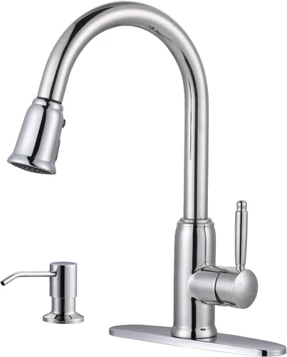 Miniatura 9 de Grifo de cocina de oro negro con rociador: WOWOW Grifo de fregadero de cocina de acero inoxidable 304 para 1 o 3 agujeros, llave mezcladora de arco