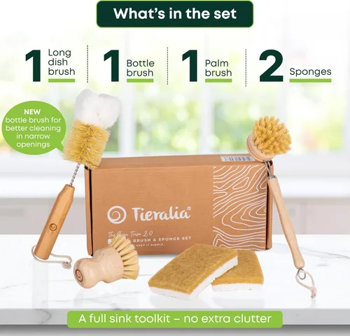 Miniatura 4 de Tieralia Juego de 5 cepillos de bambú para platos, kit de limpieza de cocina ecológico con cepillo para botellas, cepillo largo para platos