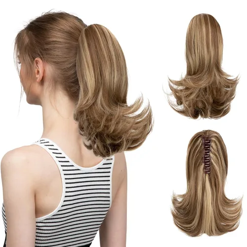 CJL HAIR - Extensión de cola de caballo con clip de garra corto, cordón elástico, cabello rizado falso, balayage, pieza de cabello sintético, fibra