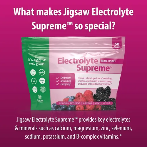 Miniatura 5 de Suplemento Jigsaw Health Electrolyte Supreme, delicioso sabor a bayas, amplio espectro de electrolitos + oligoelementos, 60 paquetes de polvo, 60
