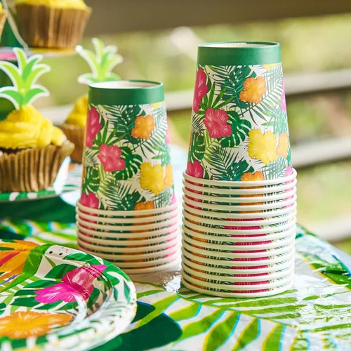 Miniatura 6 de Royal Bluebonnet Luau Platos y servilletas – Juego de 24 suministros para fiestas tropicales, decoraciones de fiesta hawaiana, platos tropicales